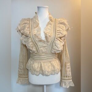Romantic Nude Lace Victorian Blouse | Ruffle Crochet Boho Top